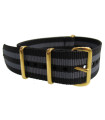 Black/grey NATO watch strap with gold buckles