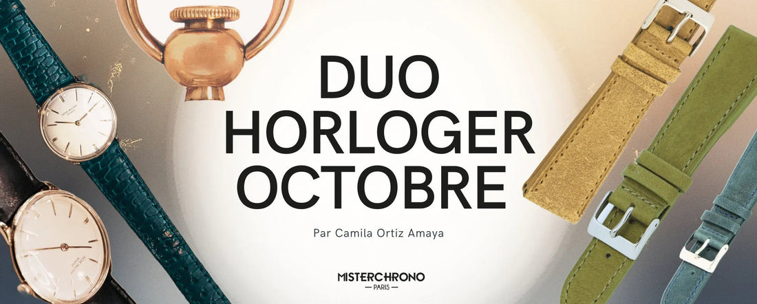 Montres de luxe et bracelets colorés, bannière MisterChrono Paris, accessoires horlogers.