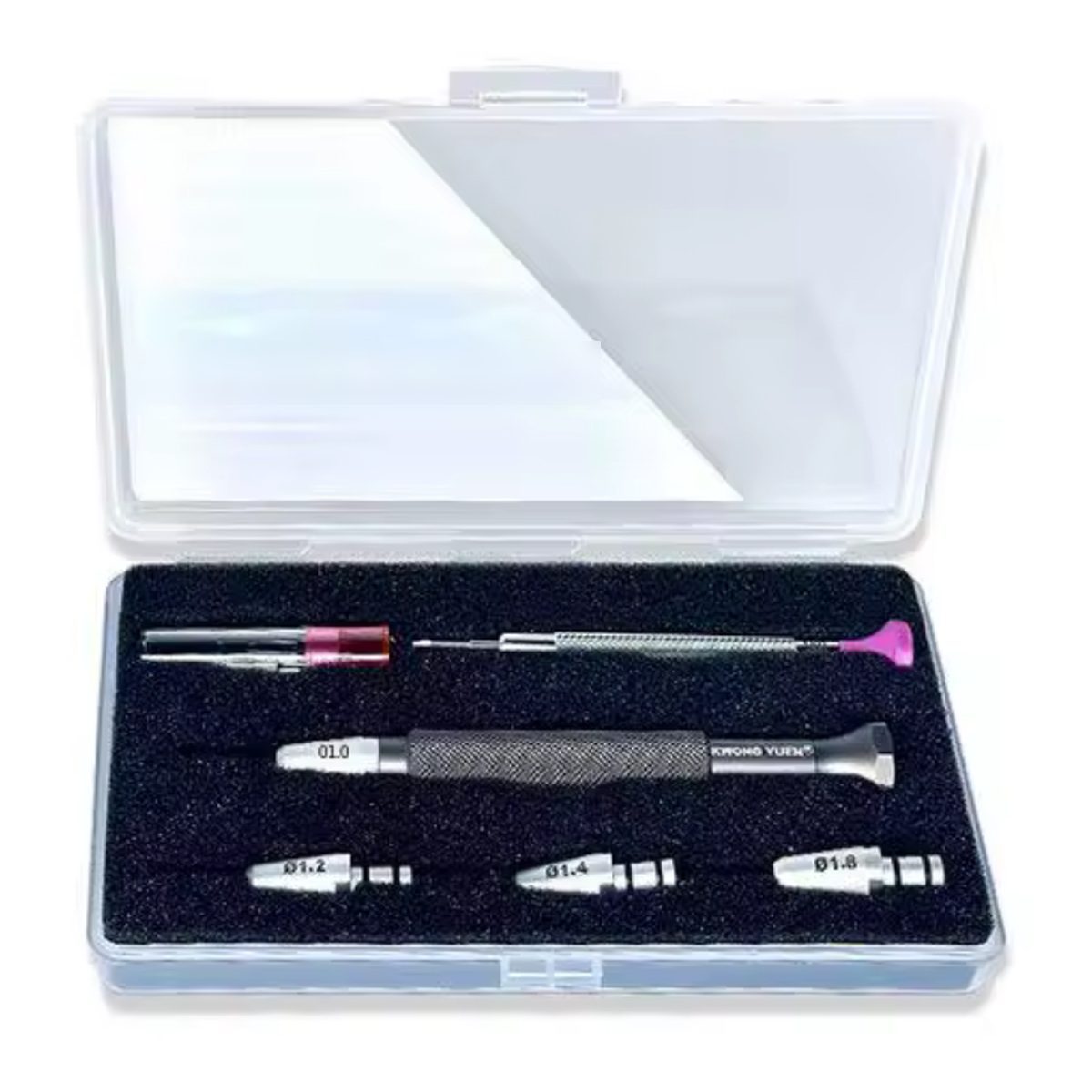 Coffret tournevis d'horloger à embouts interchangeables ouvert, manche et embouts 1,0 à 1,8 mm