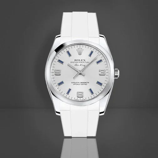 Montre de luxe avec cadran argenté et bracelet blanc, accessoire chez misterchrono.com