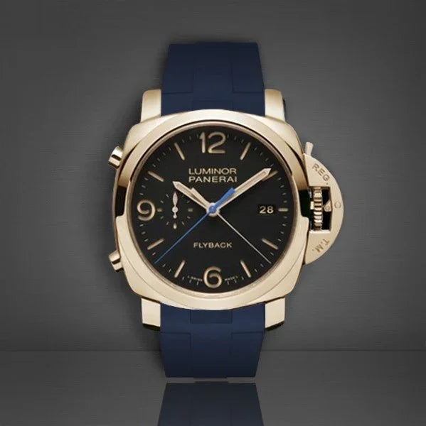 Montre luxe Panerai Luminor cadran noir avec bracelet bleu, accessoire homme, misterchrono.com