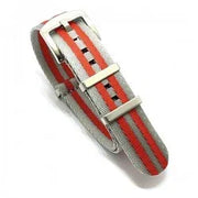 Bracelet de montre NATO gris et orange avec boucle en acier, accessoire misterchrono.com.