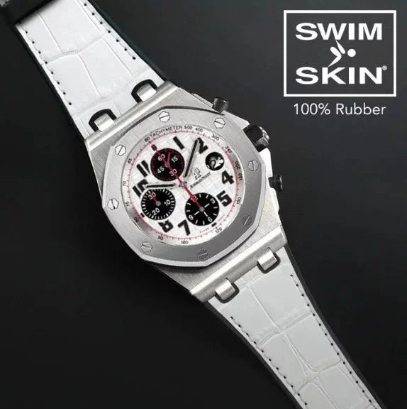 Bracelet blanc SwimSkin en caoutchouc pour montre de luxe sur fond noir, misterchrono.com