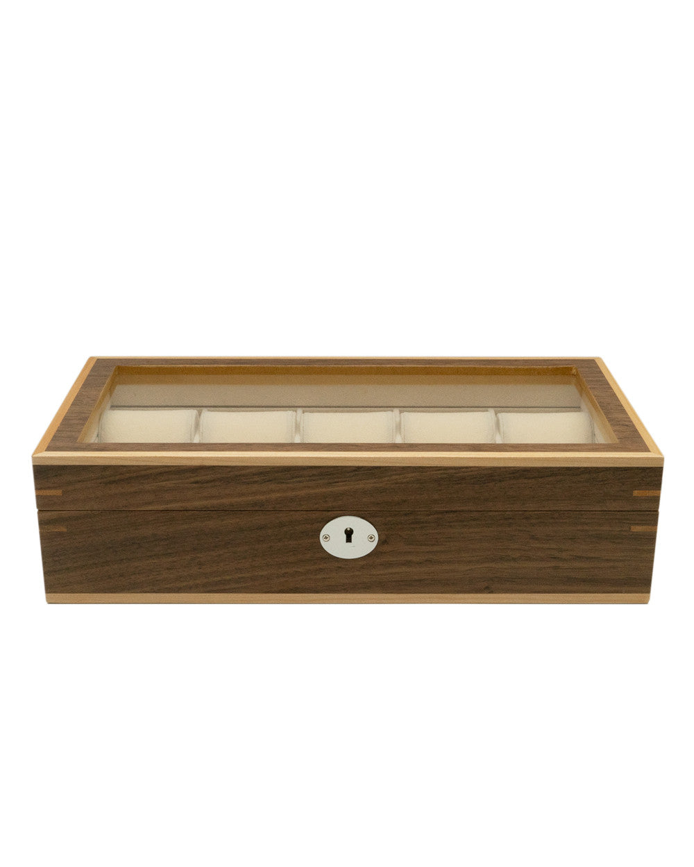 Boîte à montres Clipperton 10 en bois marron avec couvercle en verre - vue détail