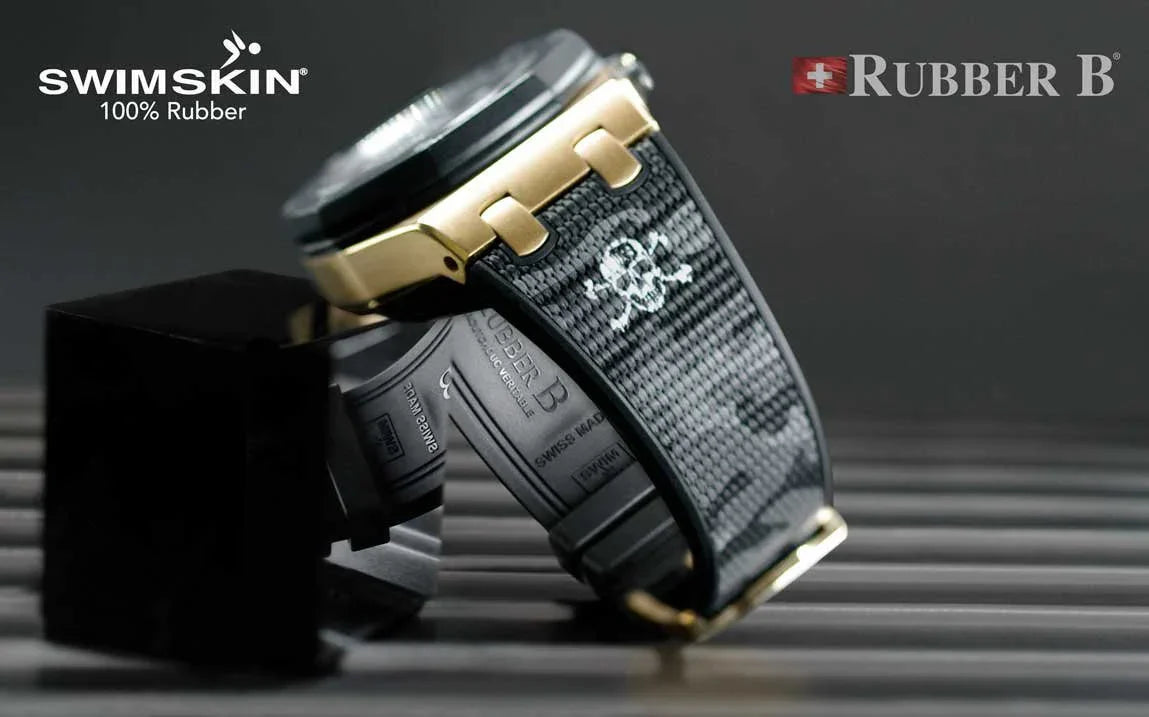 Bracelet de montre Rubber B en caoutchouc Swimski noir avec motif tête de mort, accessoire luxe.
