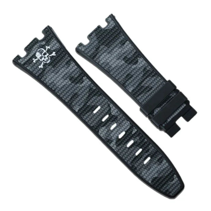 Bracelet de montre noir camouflage avec motif tête de mort, accessoire misterchrono.com