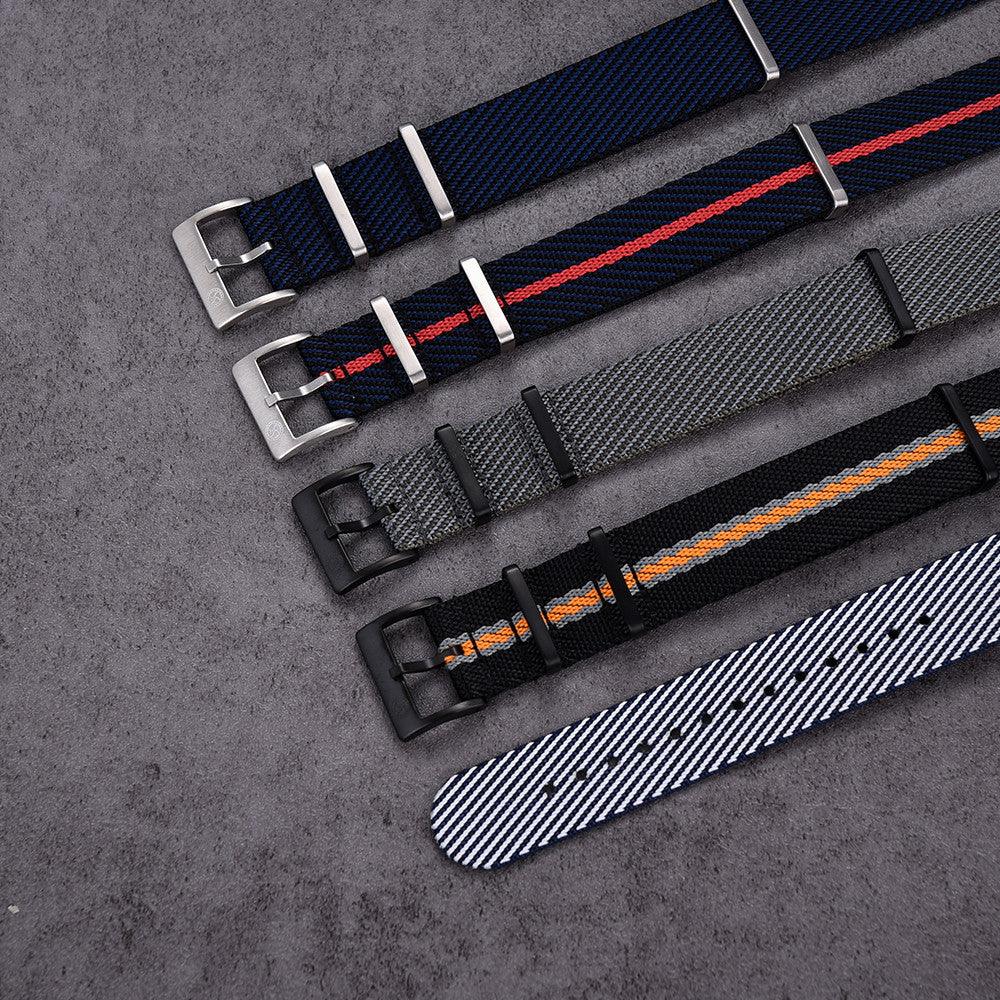 Bracelet NATO Premium PVD - Noir/Gris/Orange - vue côté