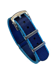 Bracelet de montre nylon bleu avec boucle argentée, accessoire misterchrono.com élégant.