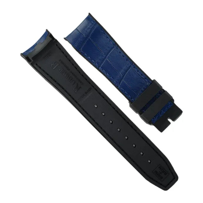 Bracelet de montre en cuir bleu et caoutchouc noir, accessoire luxe misterchrono.com