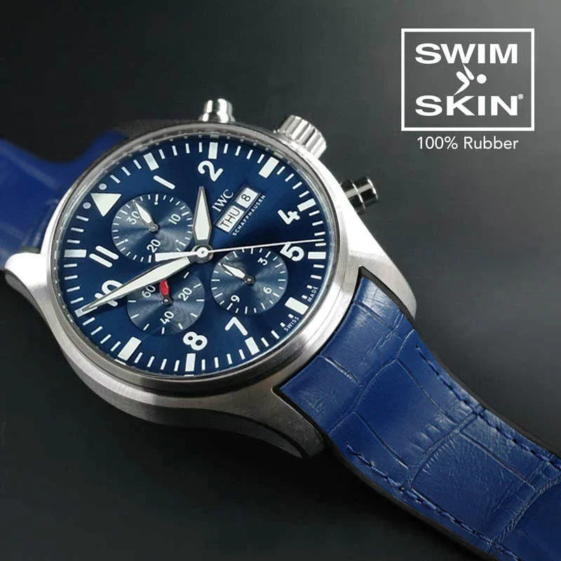 Montre de luxe avec cadran bleu et bracelet caoutchouc Swimskin, accessoire misterchrono.com