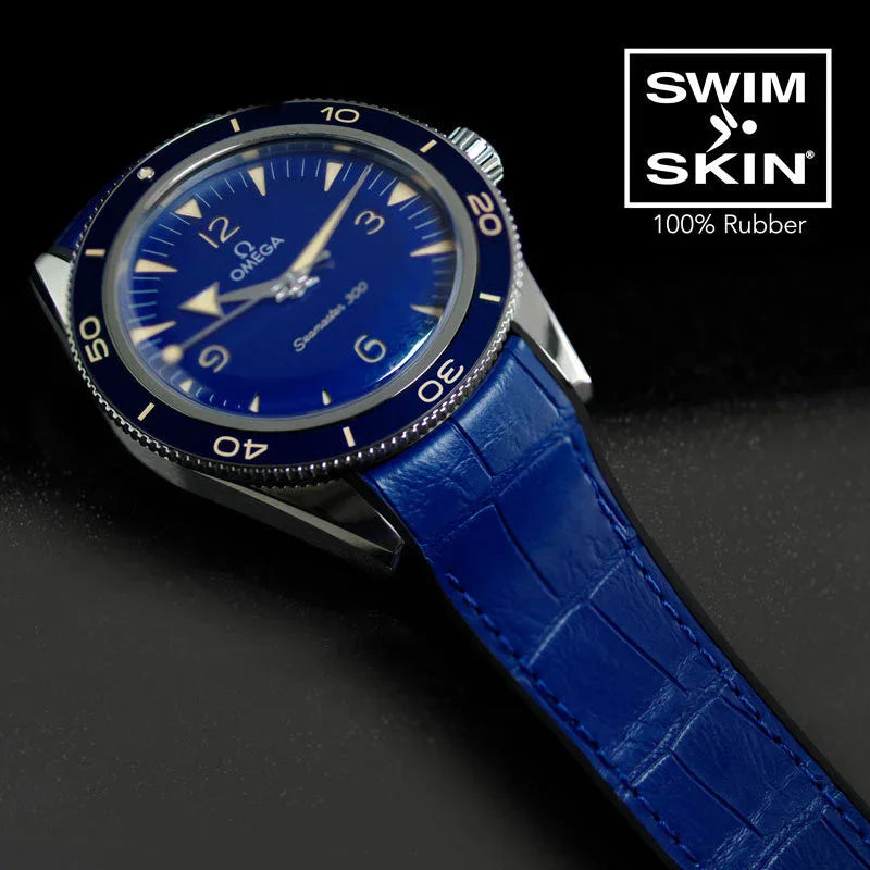 Bracelet de montre bleu caoutchouc imitation alligator Swimskin sur montre de luxe Omega Seamaster 300