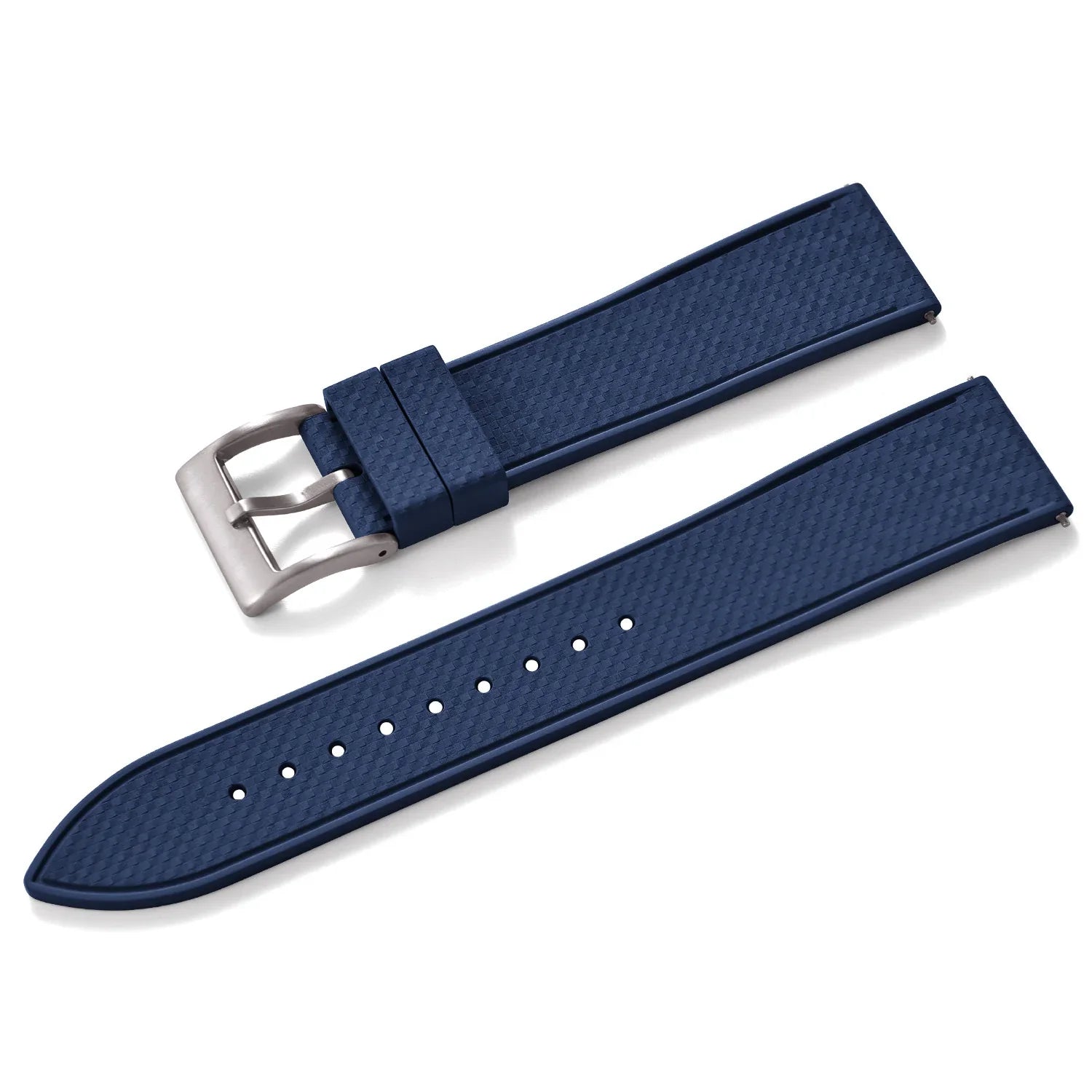Bracelet de montre bleu en silicone texturé avec boucle argentée, accessoire misterchrono.com