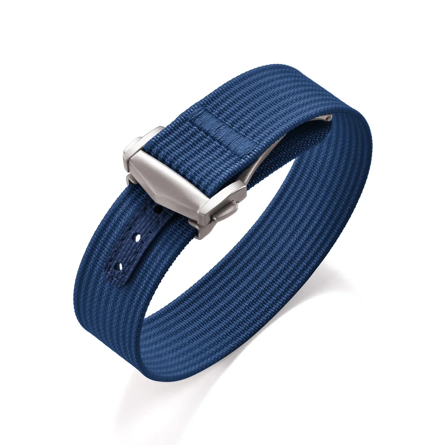 Bracelet de montre bleu en tissu avec boucle argentée, accessoire luxe misterchrono.com