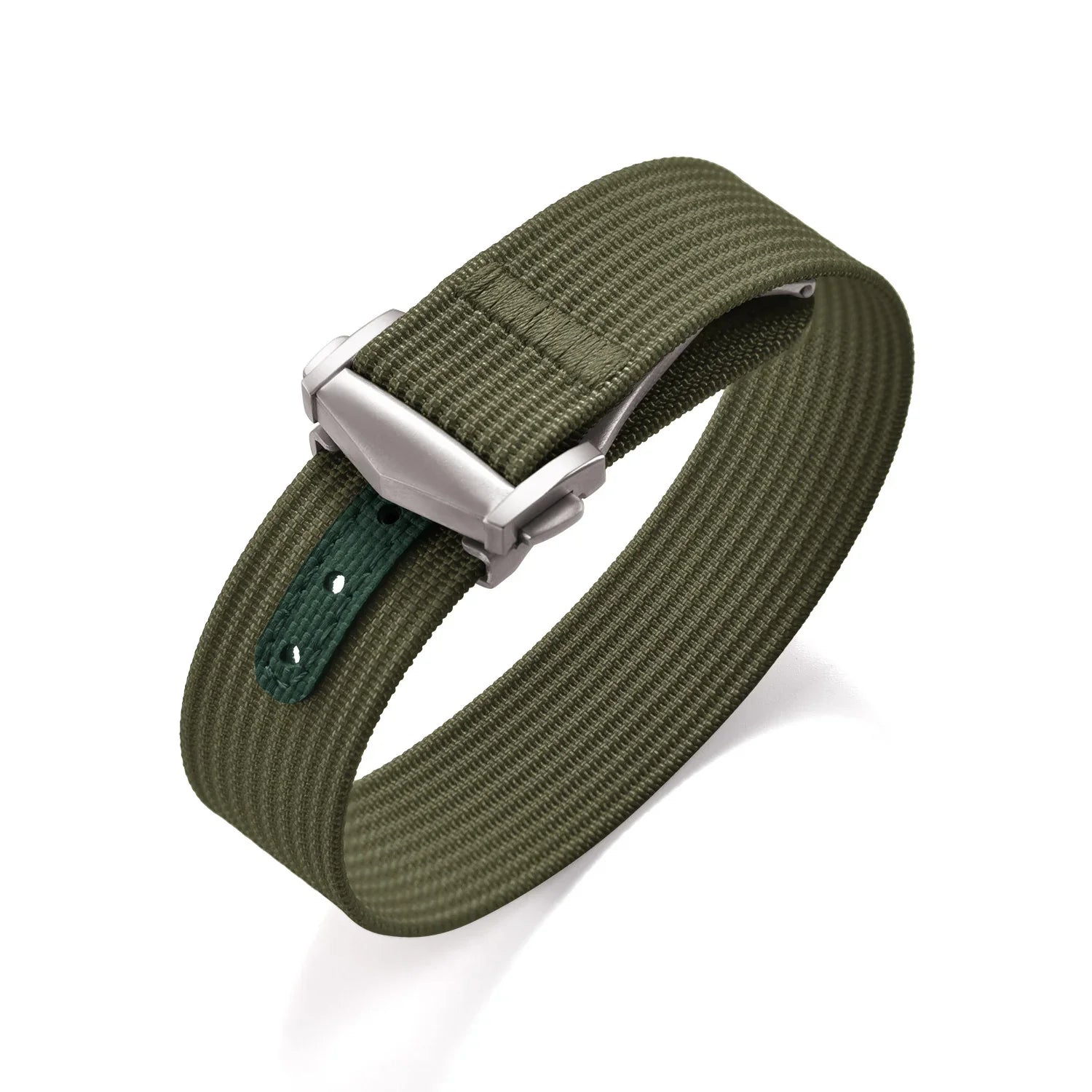 Bracelet de montre en tissu vert kaki avec boucle en métal, accessoire luxe misterchrono.com