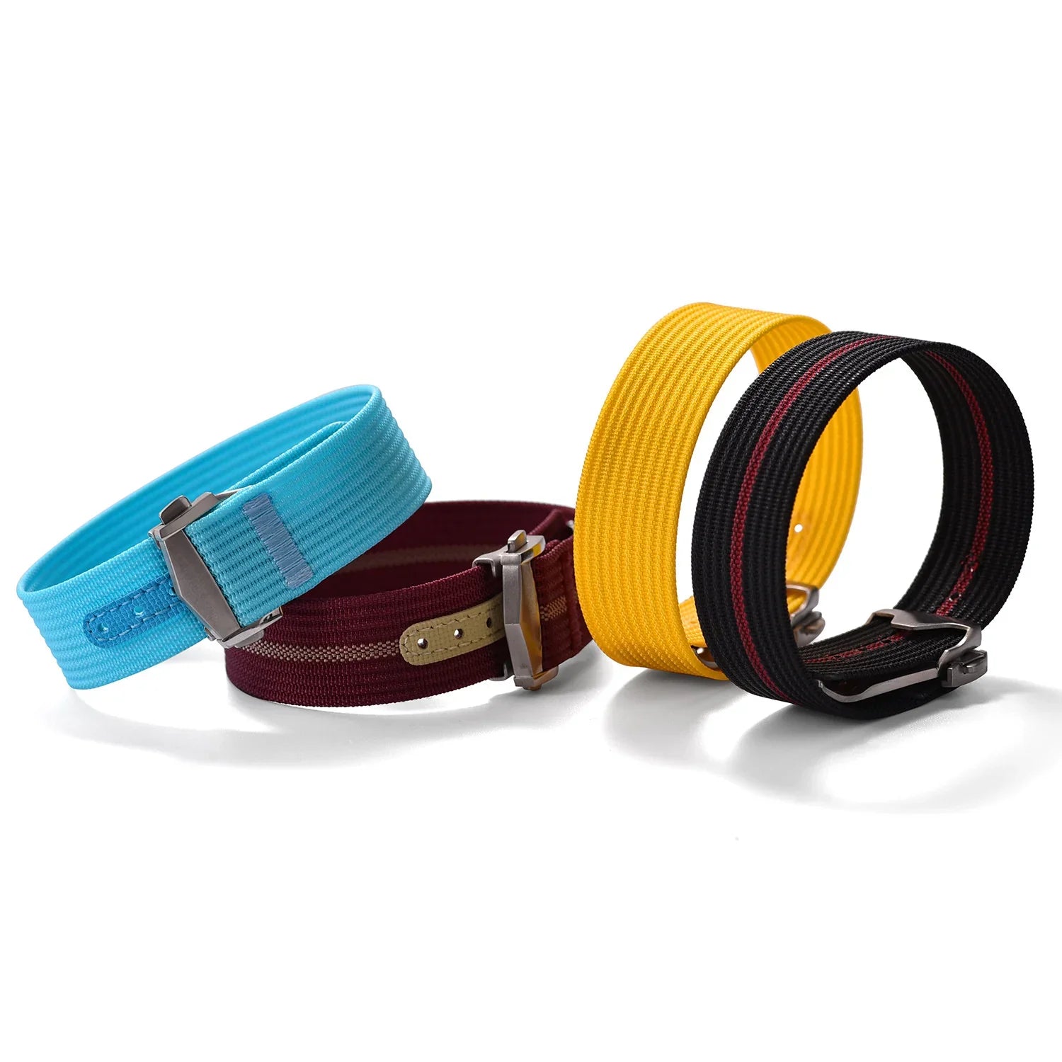 Bracelets de montre textile colorés bleu, bordeaux, jaune et noir, accessoires luxe misterchrono.com