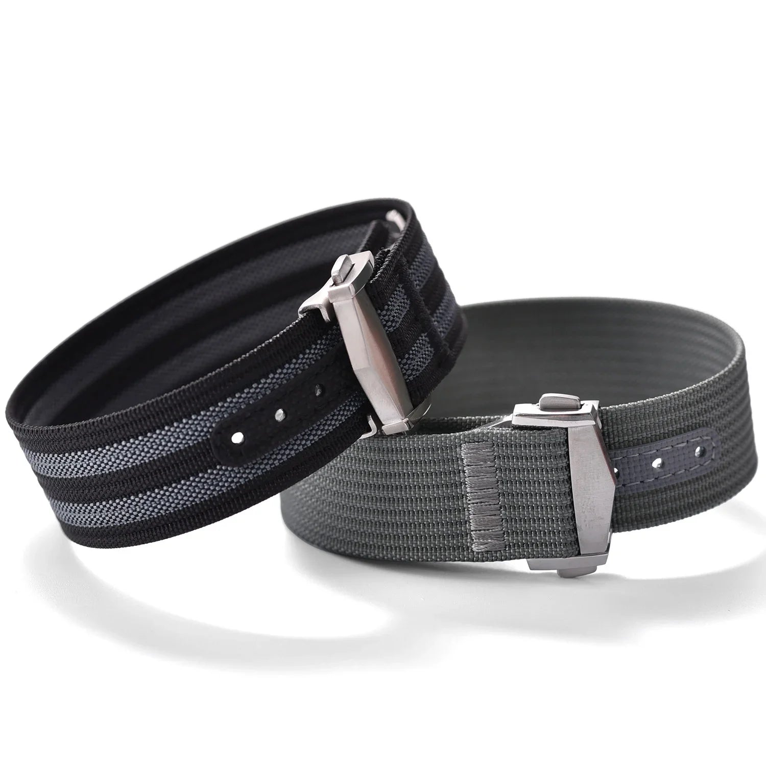 Deux bracelets de montre NATO textiles gris et rayé noir, accessoires luxe, misterchrono.com