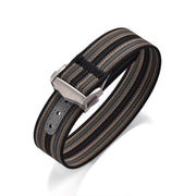 Bracelet de montre NATO rayé noir et beige avec boucle en acier, accessoire luxe misterchrono.com