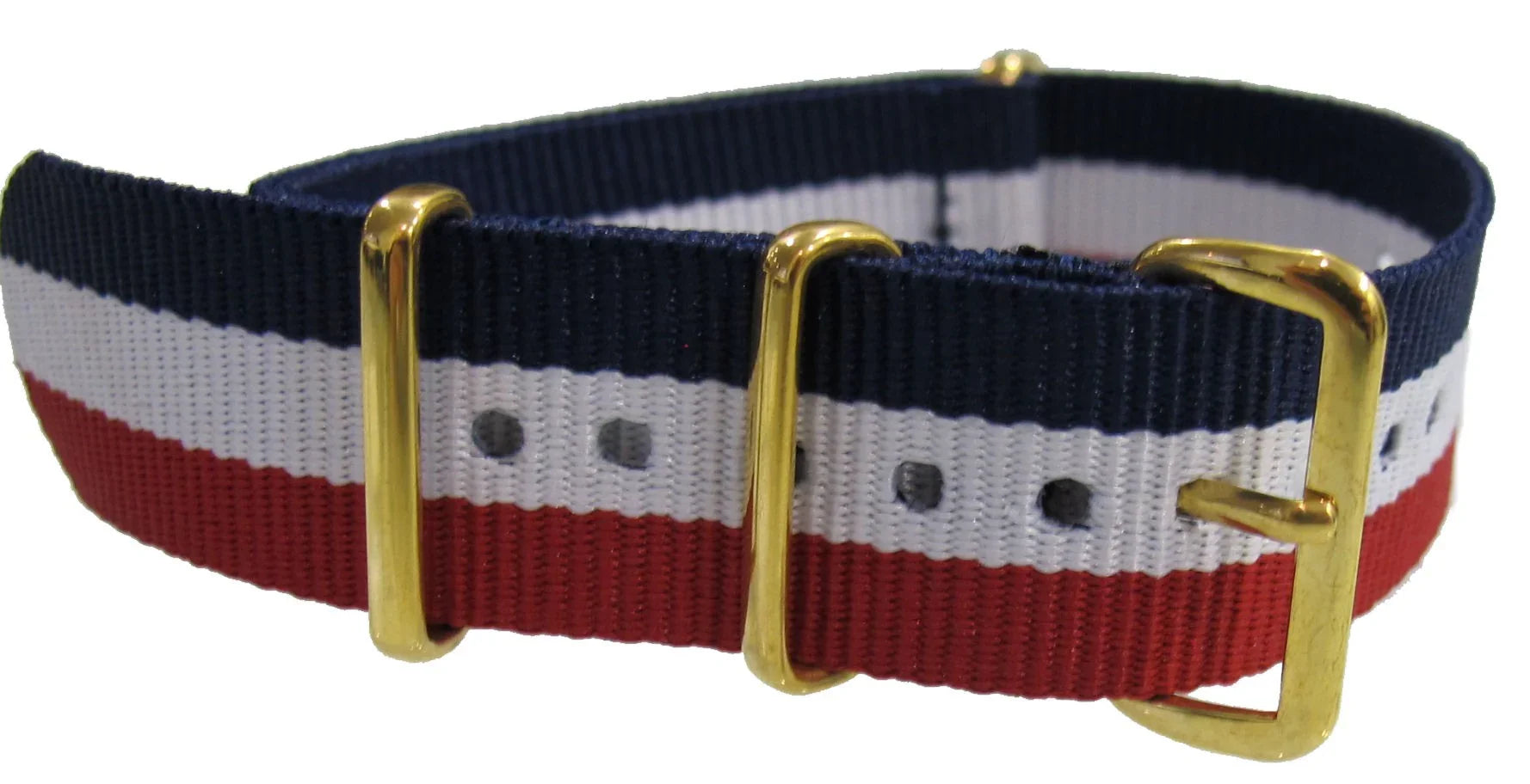 Bracelet de montre NATO tricolore bleu blanc rouge avec boucle dorée, accessoire luxe misterchrono.com