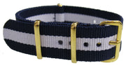 Bracelet nylon NATO Bleu/blanc boucle dorée - vue principale