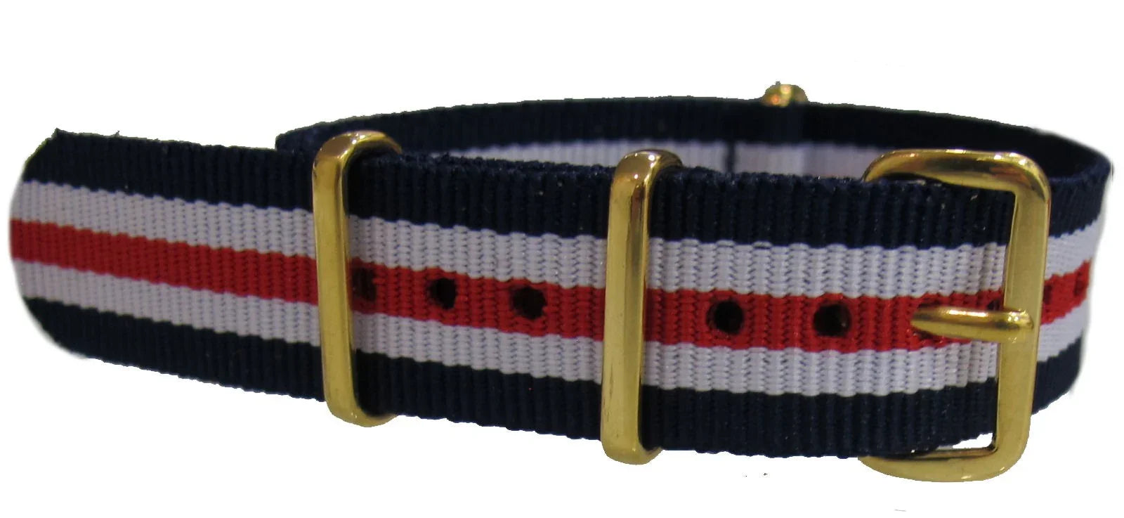 Bracelet nylon NATO Bleu/blanc/rouge boucles dorées - vue principale