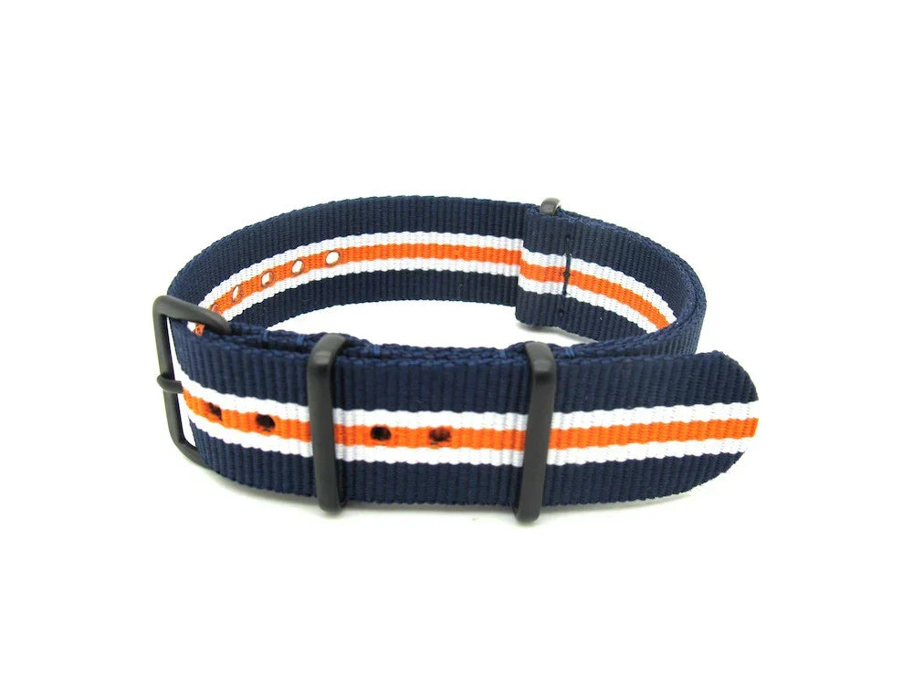 Bracelet de montre NATO bleu marine à rayures orange et blanches, accessoire pour montre de luxe misterchrono.com