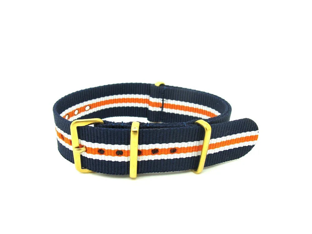 Bracelet nylon NATO Bleu/blanc/orange boucles dorées - vue principale