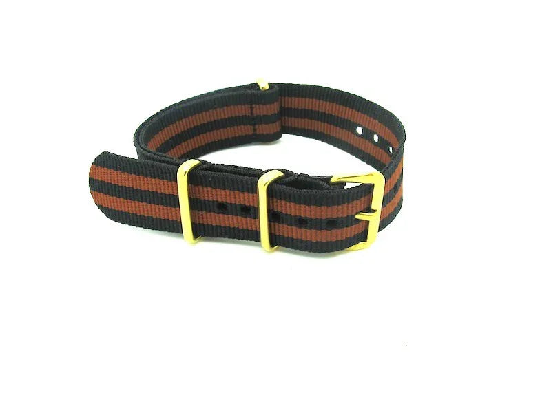 Bracelet nylon NATO Noir/Marron boucles dorées - vue détail