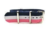 Bracelet de montre NATO tricolore bleu, blanc, rose avec boucle en acier, accessoire misterchrono.com