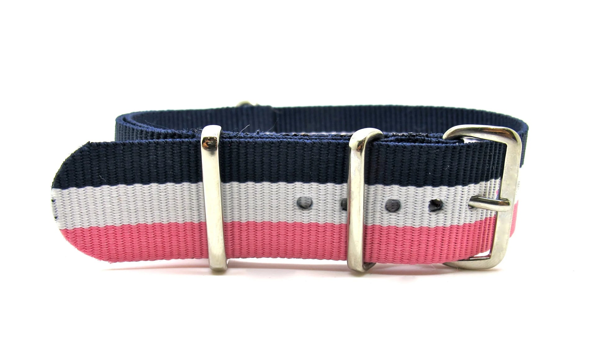 Bracelet de montre NATO tricolore bleu, blanc, rose avec boucle en acier, accessoire misterchrono.com
