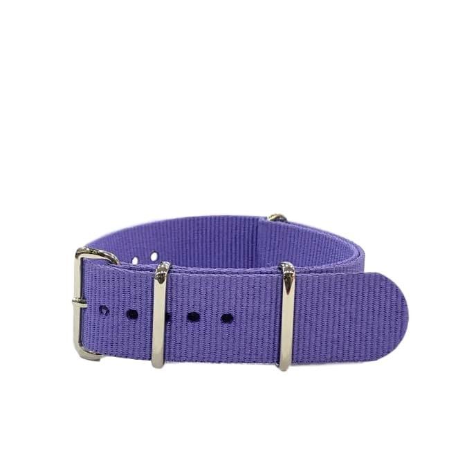 Bracelet de montre NATO violet en nylon avec boucle métal, accessoire misterchrono.com