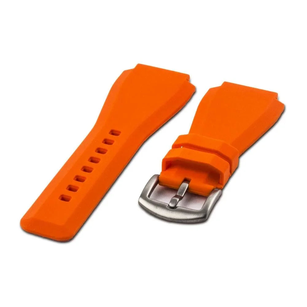Bracelet de montre en silicone orange vif avec boucle métallique, accessoire luxe misterchrono.com