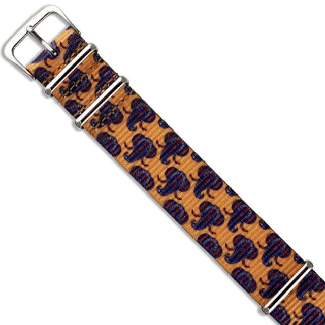 Bracelet de montre NATO motif éléphants orange et bleu, accessoire pour montre de luxe.