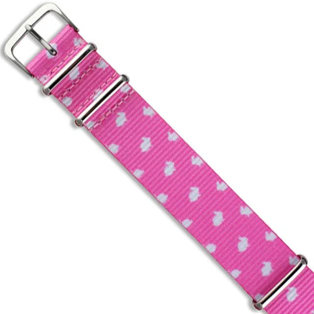 Bracelet de montre NATO rose motif cœurs blancs, accessoire montres luxe misterchrono.com