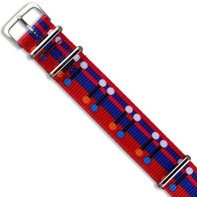 Bracelet montre NATO rouge motifs bleus et blancs, accessoires de montre misterchrono.com