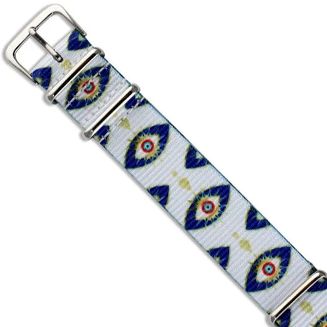 Bracelet de montre NATO motif œil bleu sur fond blanc, accessoire misterchrono.com