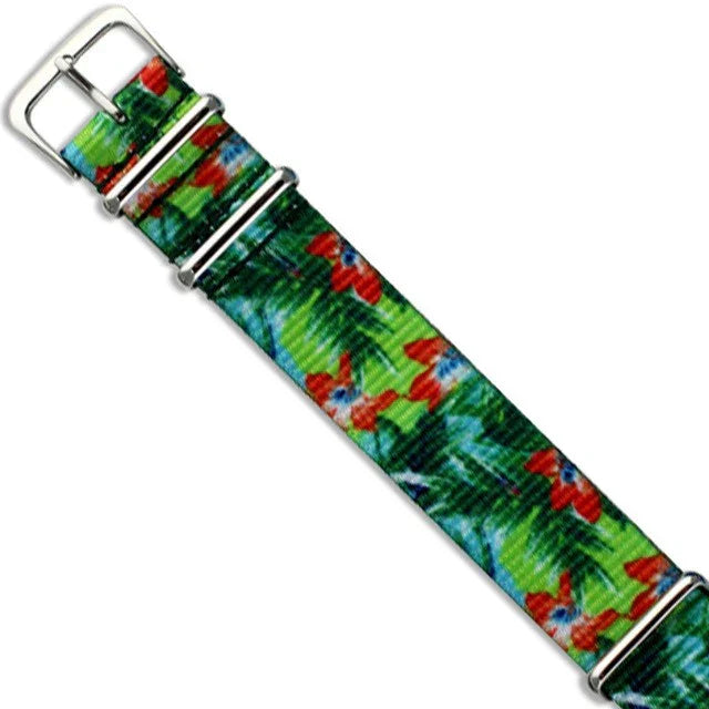 Bracelet de montre NATO tissu motif fleurs rouges sur fond vert, accessoire luxe misterchrono