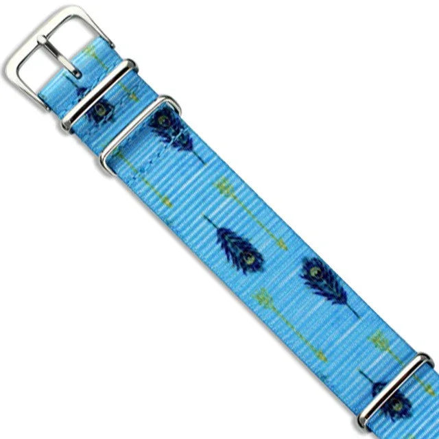 Bracelet de montre en nylon bleu motif plumes de paon, accessoire pour montre de luxe