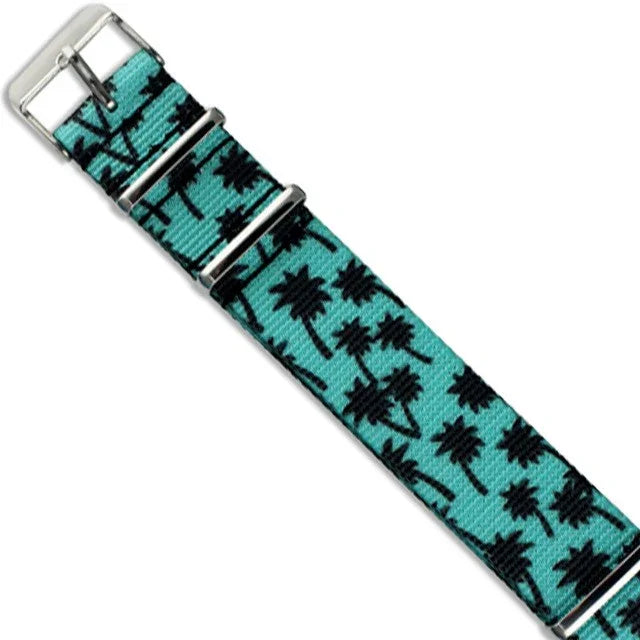 Bracelet de montre NATO bleu motif palmier noir, accessoire pour montre de luxe misterchrono.com