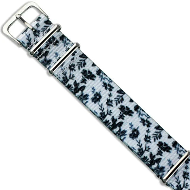 Bracelet de montre NATO motif floral bleu et noir, accessoire pour montres de luxe misterchrono.com