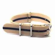 Bracelet de montre NATO beige à rayure bleue avec boucle inox, accessoire montre luxe misterchrono.com