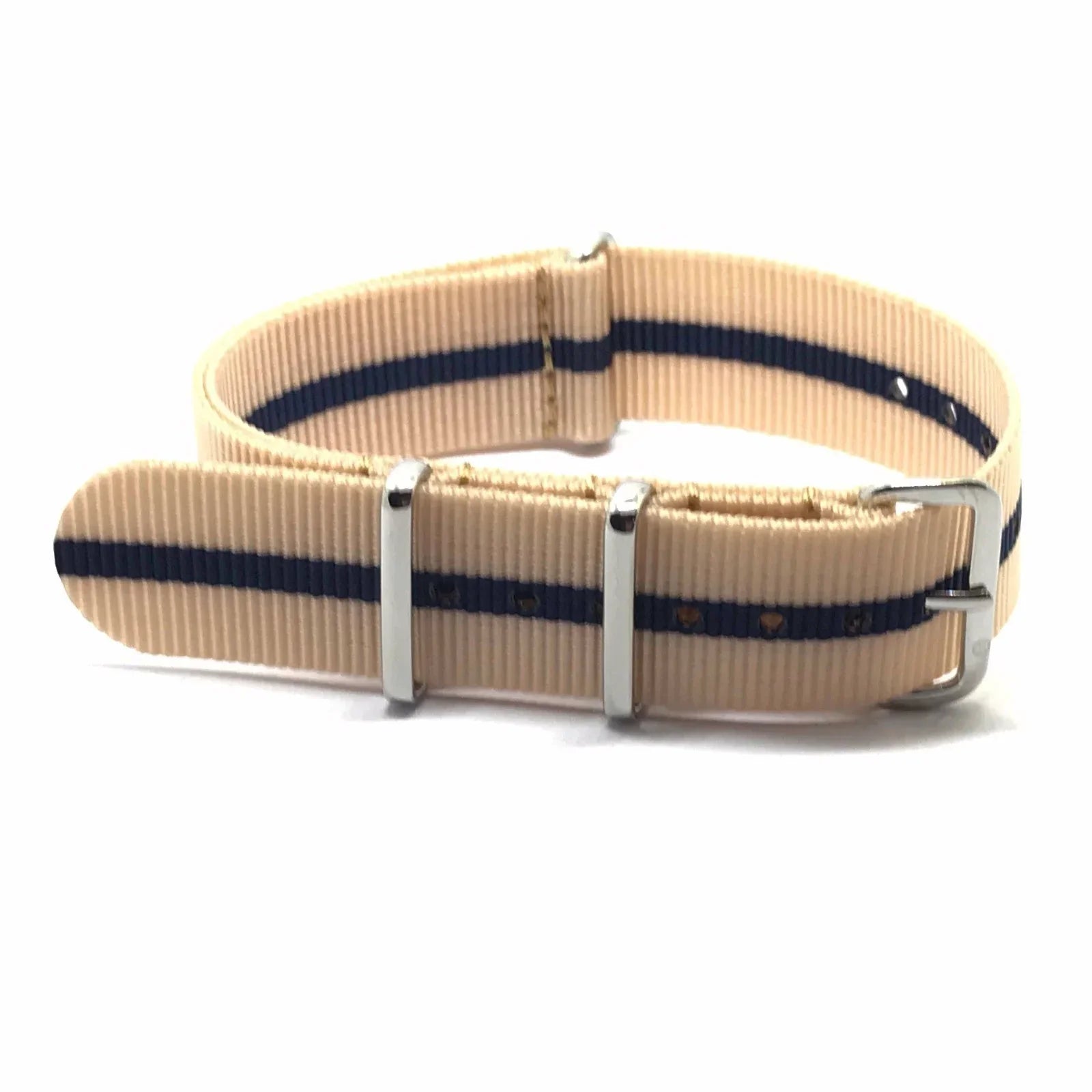 Bracelet de montre NATO beige à rayure bleue avec boucle inox, accessoire montre luxe misterchrono.com