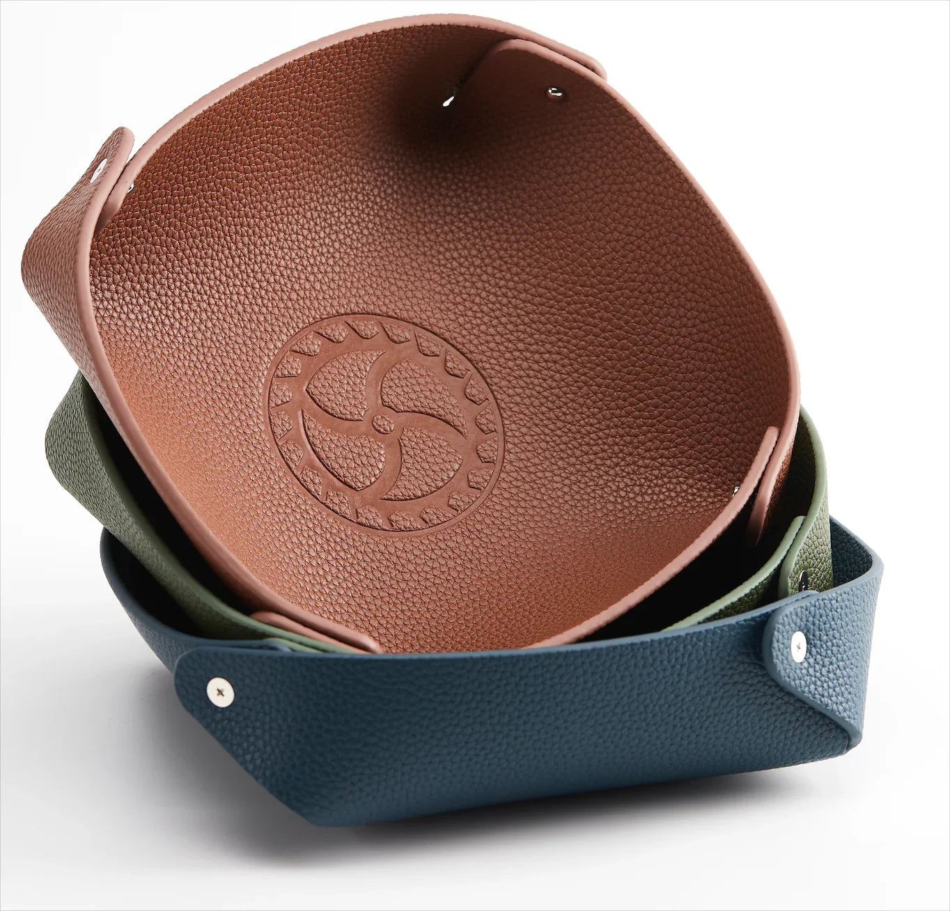 Vide-poches en cuir marron, vert et bleu pour montres de luxe, misterchrono.com