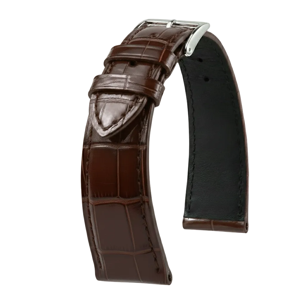 Bracelet montre cuir marron effet alligator brillant, boucle ardillon, accessoire horlogerie