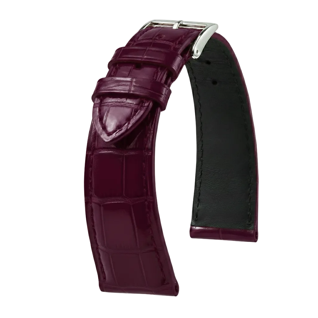 Bracelet montre cuir alligator bordeaux brillant avec boucle en acier.