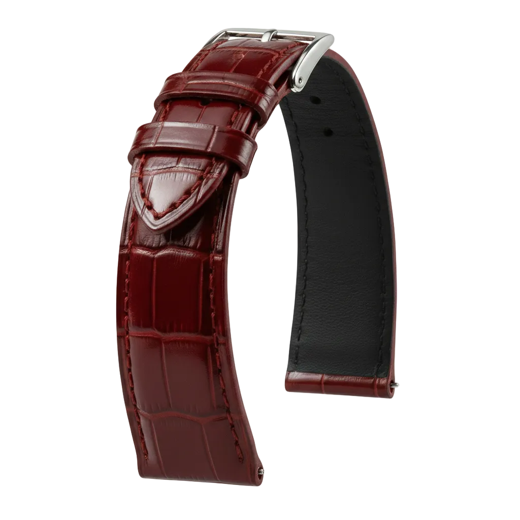 Bracelet de montre cuir rouge brillant finition alligator, boucle argentée, accessoire luxe
