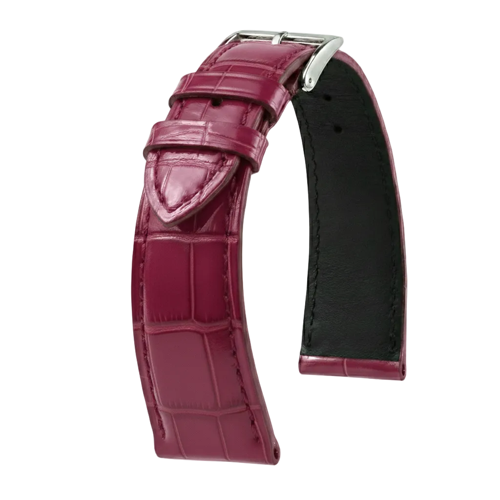 Bracelet montre cuir alligator bordeaux brillant avec boucle en acier, accessoire luxe
