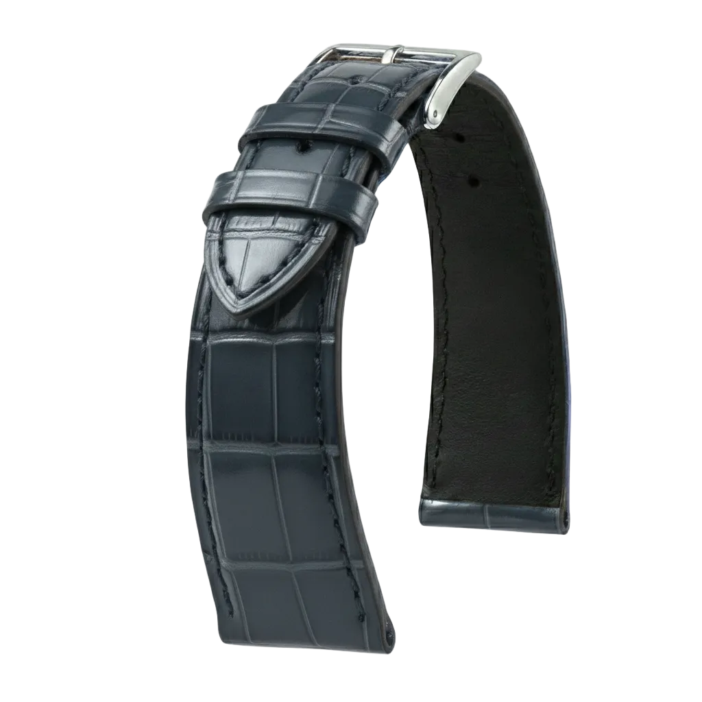 Bracelet montre cuir alligator noir brillant avec boucle ardillon acier, luxe, accessoire montre