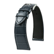 Bracelet montre cuir alligator noir brillant avec boucle ardillon acier, luxe, accessoire montre