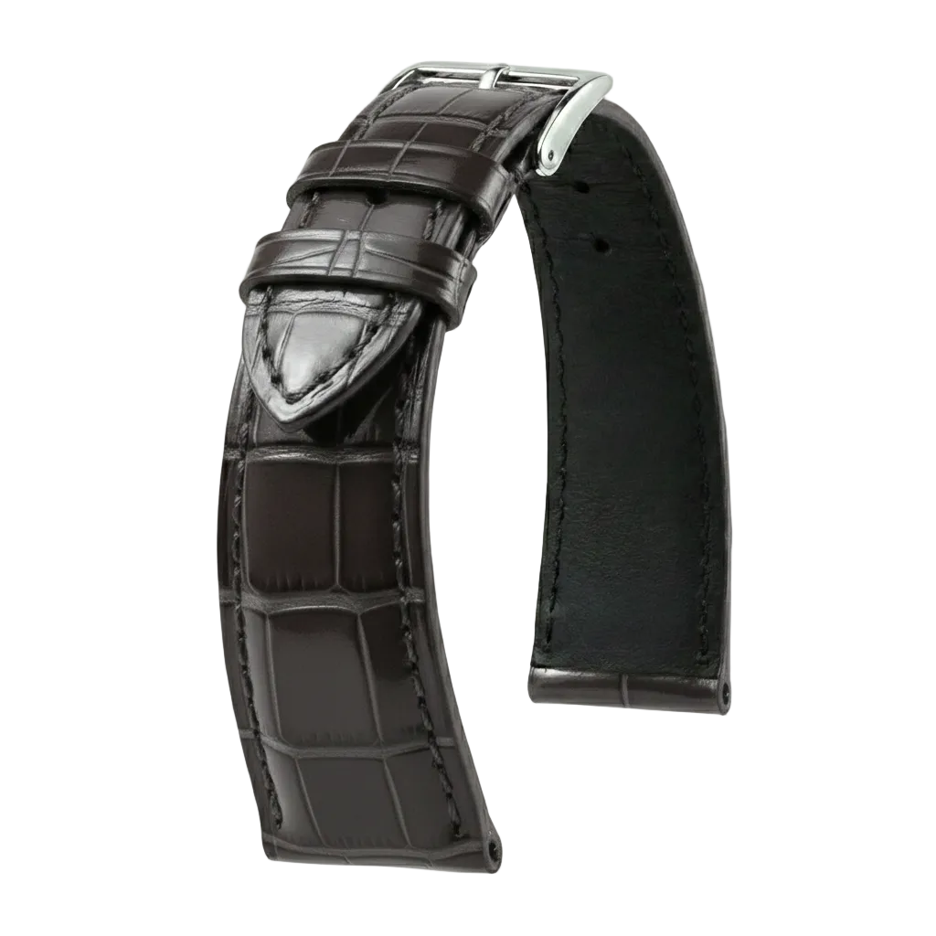 Bracelet montre cuir alligator brillant marron foncé boucle argentée, accessoire luxe