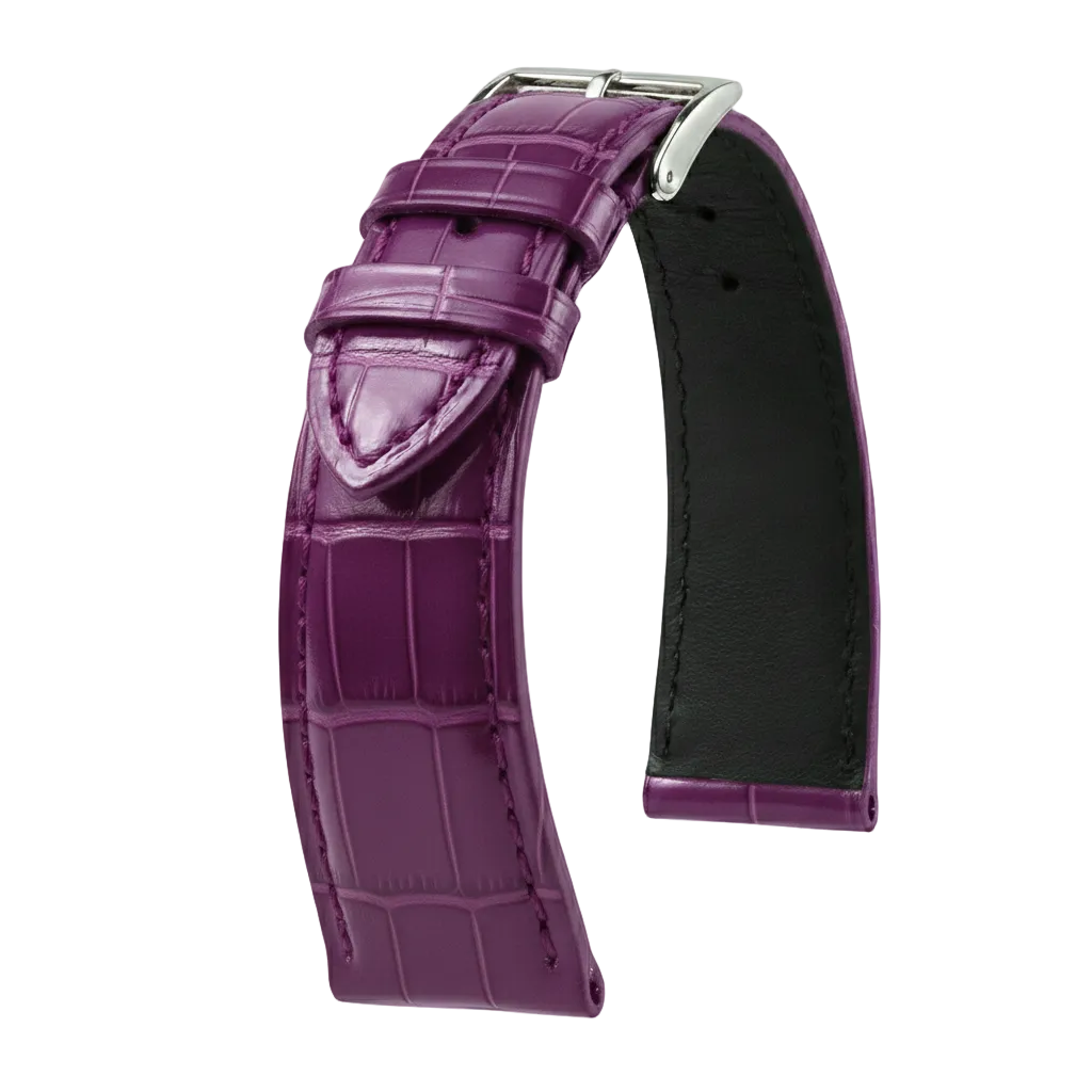 Bracelet de montre cuir alligator violet brillant avec boucle argentée, accessoire luxe